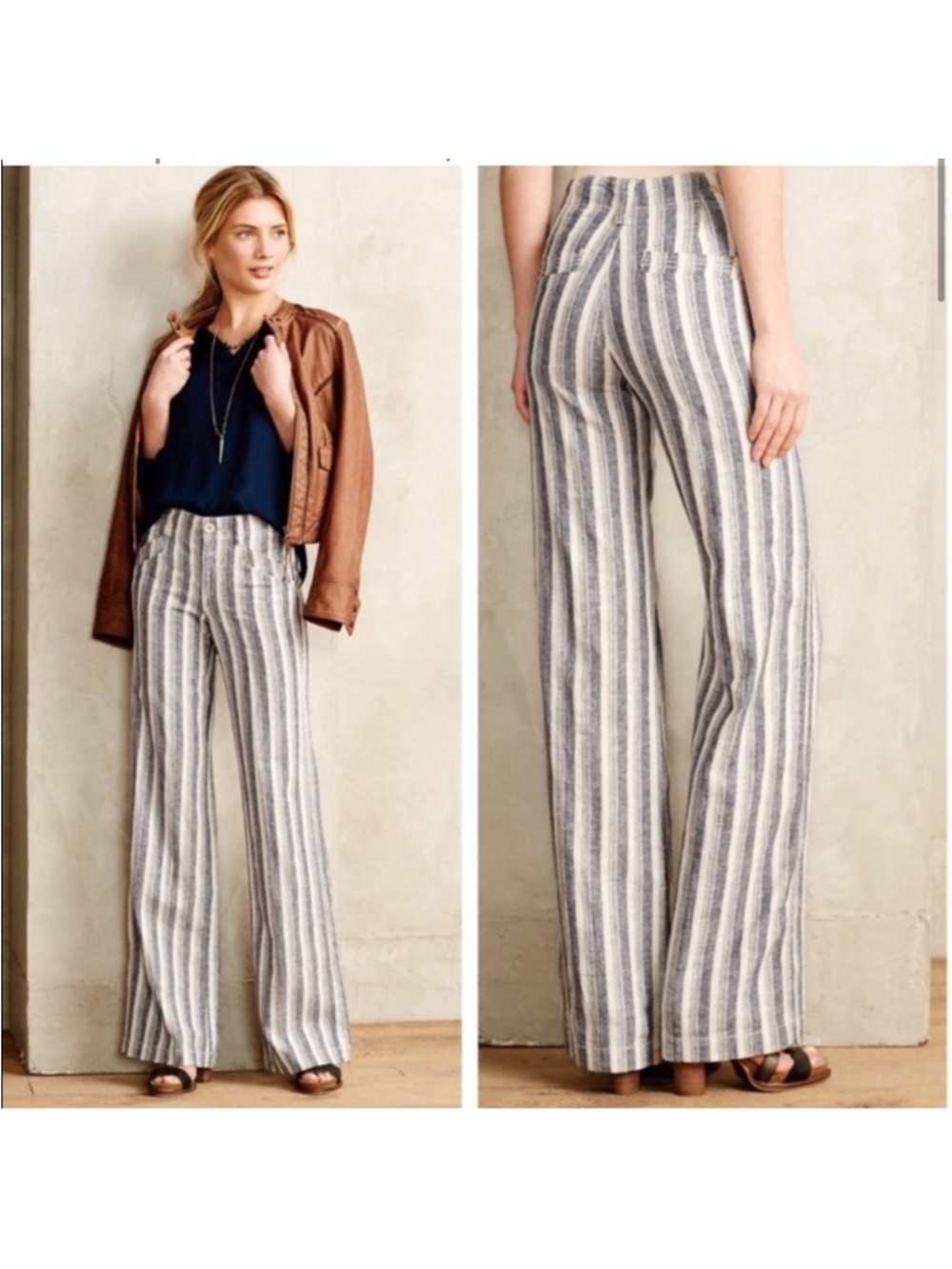 Anthropologie Pilcro blue white stripe linen pants size 6 wide leg flaw